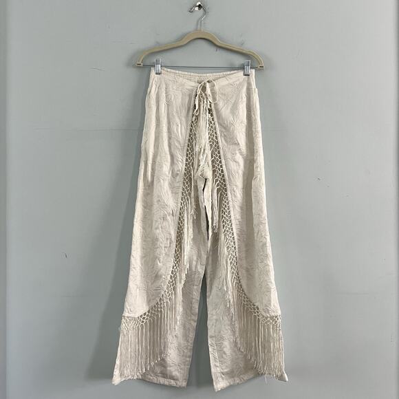 Ralph Lauren Denim & Supply Boho Embroidered Fringe White Wide Leg Wrap Pants - Picture 2 of 4